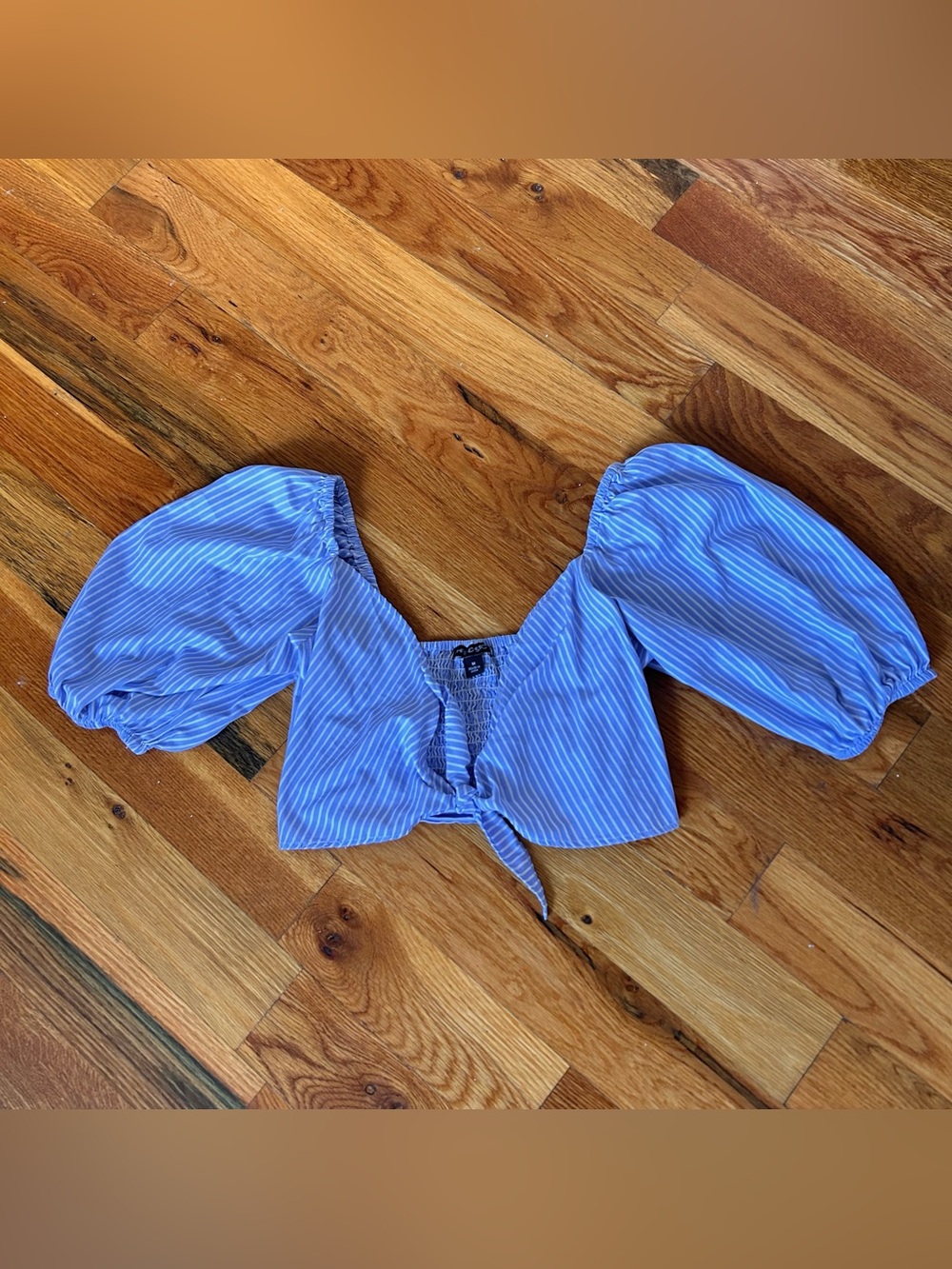 Blue and White Striped Puff-Sleeve Tie-Front Crop Top by Thread Story
